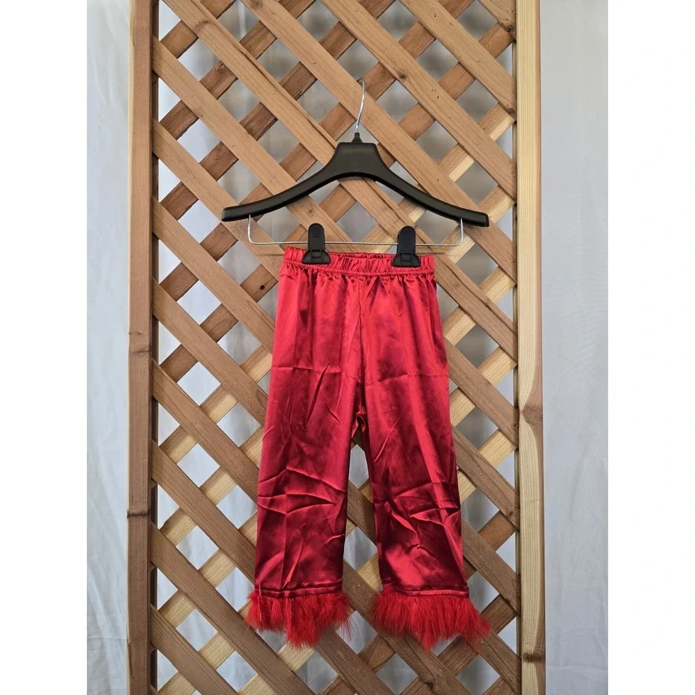 NEW Toddler Satin Pajama Set - Feather‎ Trim Shirt, Pants - Red - Size Ages 2-3